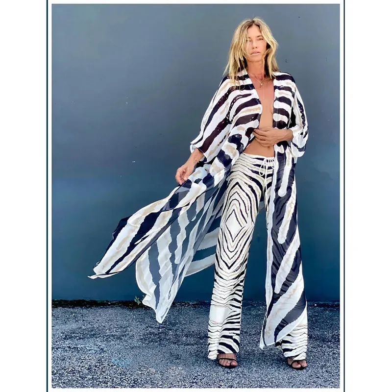 Boho Sexy Striped Chiffon Bathing Suit Cover-ups Beach Wear Kimono Dress For Women Summer Swimsuit Cover Up 250408