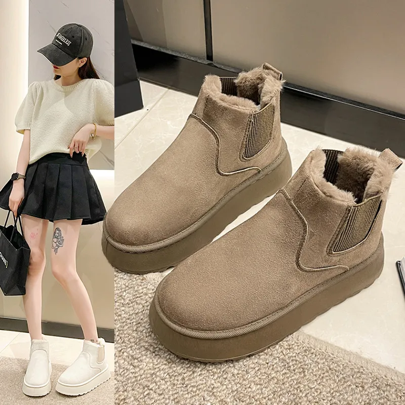 2025 Women's Snow Winter Ankle Boots Solid Color Elastic Gore Slip On Flat Sole Warm Casual Shoes_voghion.com
