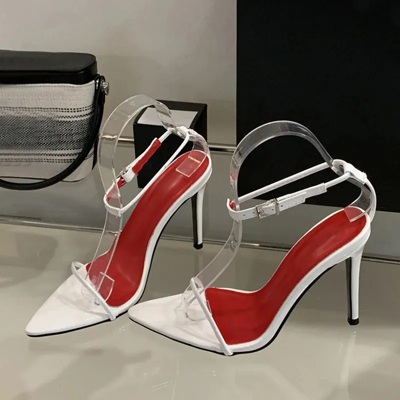 Liyke Summer Fashion White Patent Leather Ankle Strap Sandals Women Sexy Pointed Open Toe Stripper Heels Wedding Prom_voghion.com