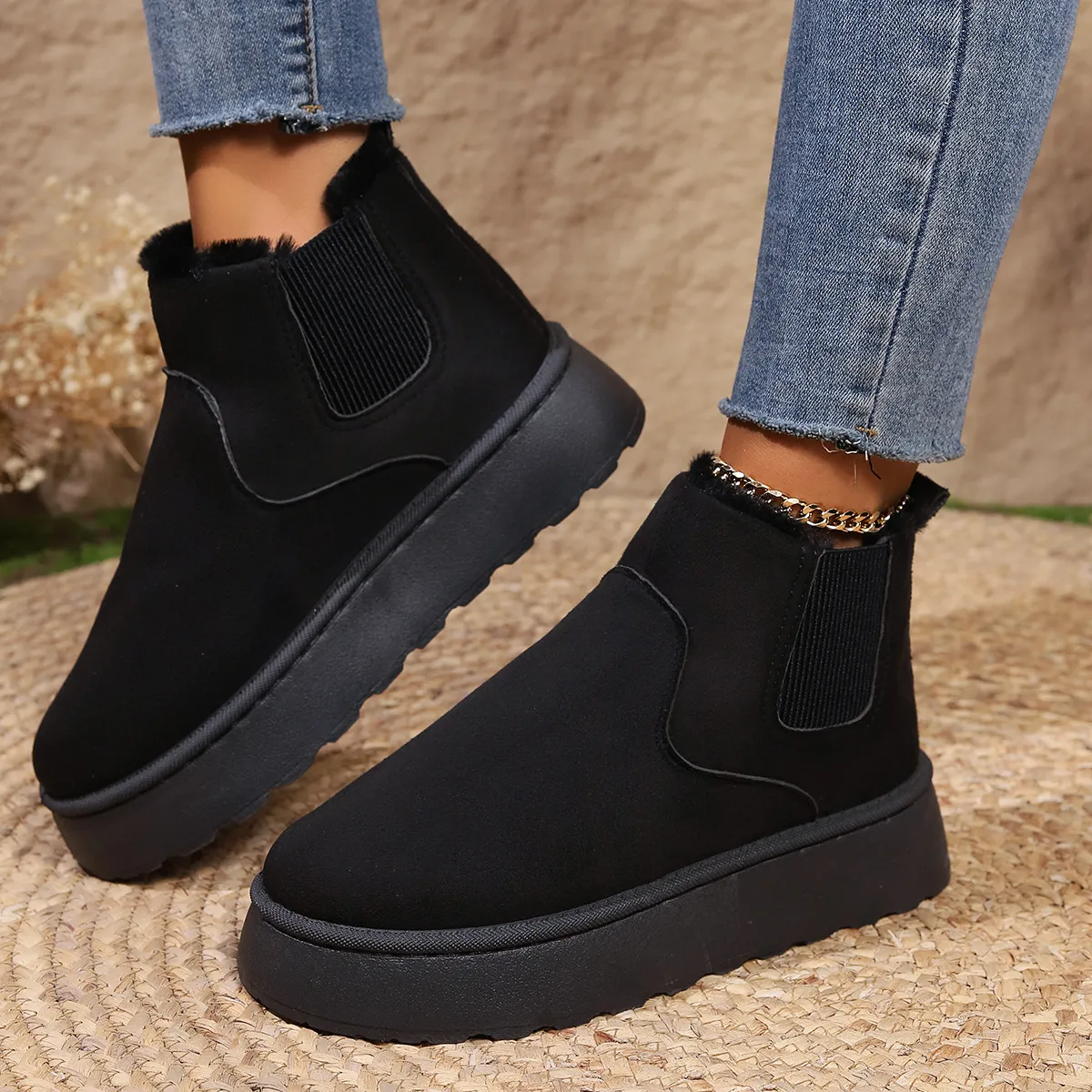 Women's Warm Winter Ankle Boots Flat Slip On Elastic Snow Shoes_voghion.com