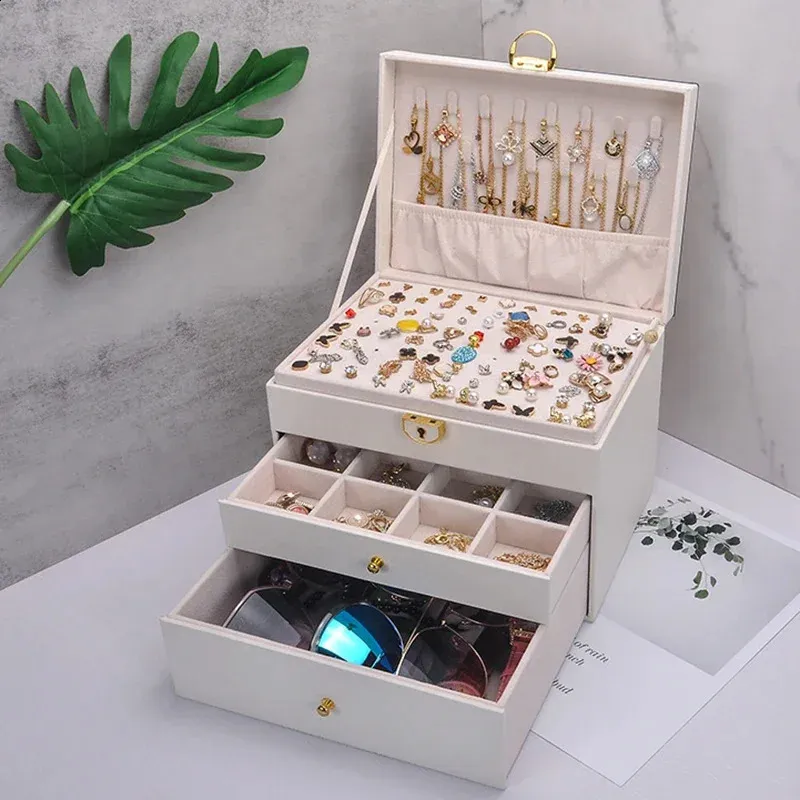 Scatola per organizzare gioielli a tre strati, grande custodia portatile per orecchini, anelli, collana in PU, regalo per ragazze, gioiellieri, Joyero  36