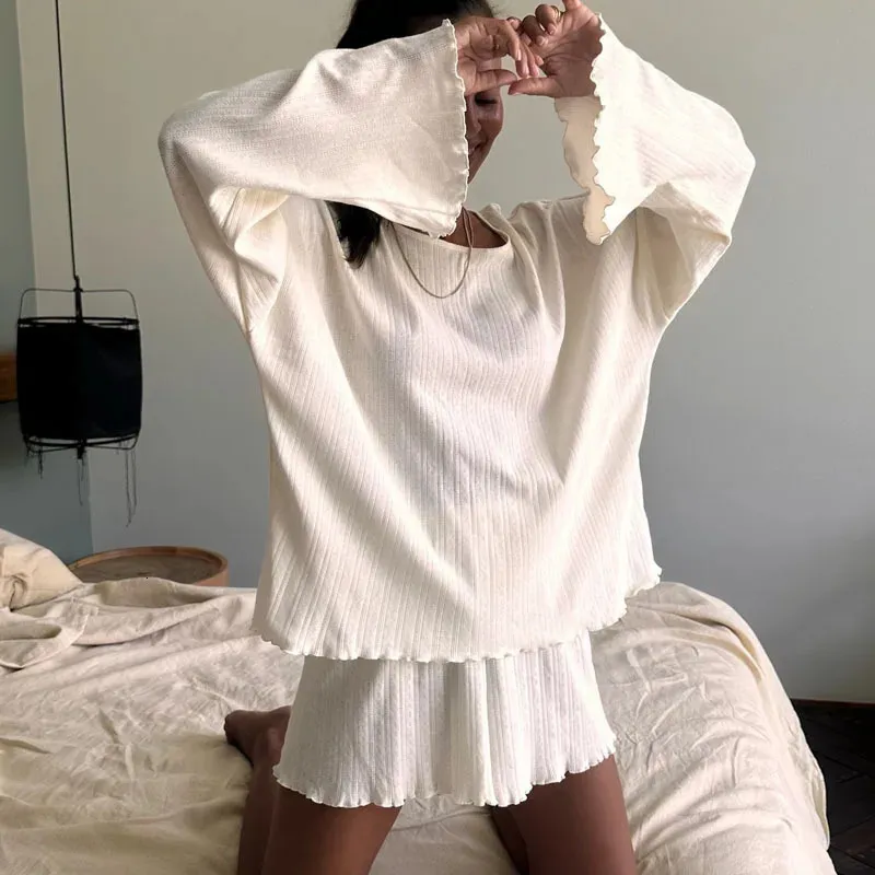 Womens Solid Acrylic Pajamas Set Autumn Long Sleeve Top And Shorts ...