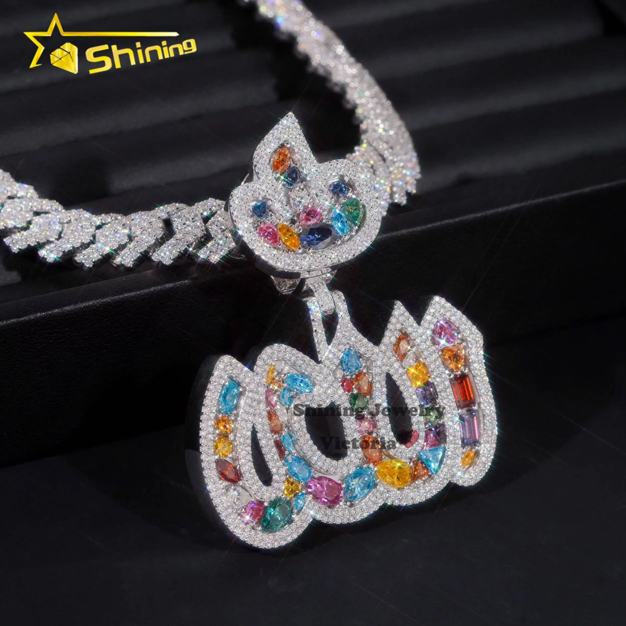 Joias personalizadas cravejadas de diamantes em prata 925, estilo hip hop, com 2 moissanitas VVS e diamantes coloridos, fogo, Alá._voghion.com