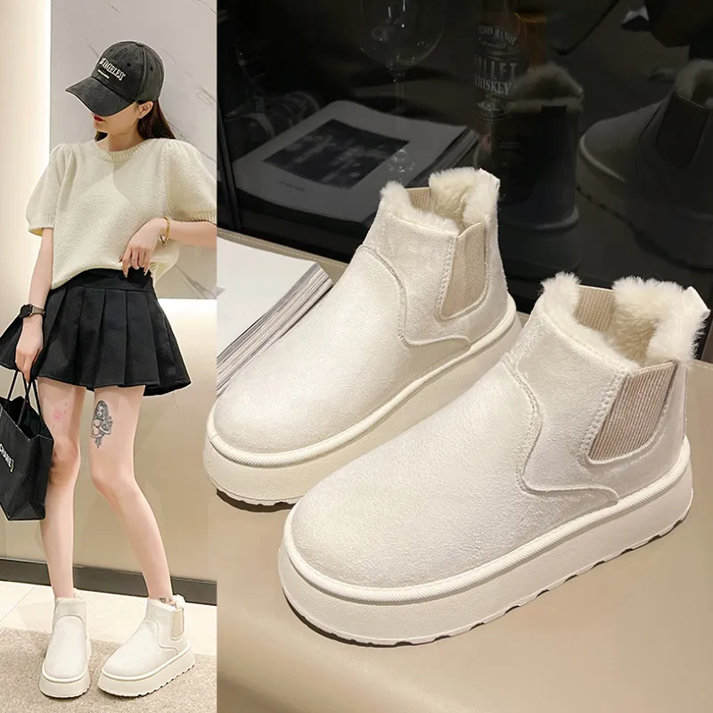 2025 Women's Snow Winter Ankle Boots Solid Color Elastic Gore Slip On Flat Sole Warm Casual Shoes_voghion.com