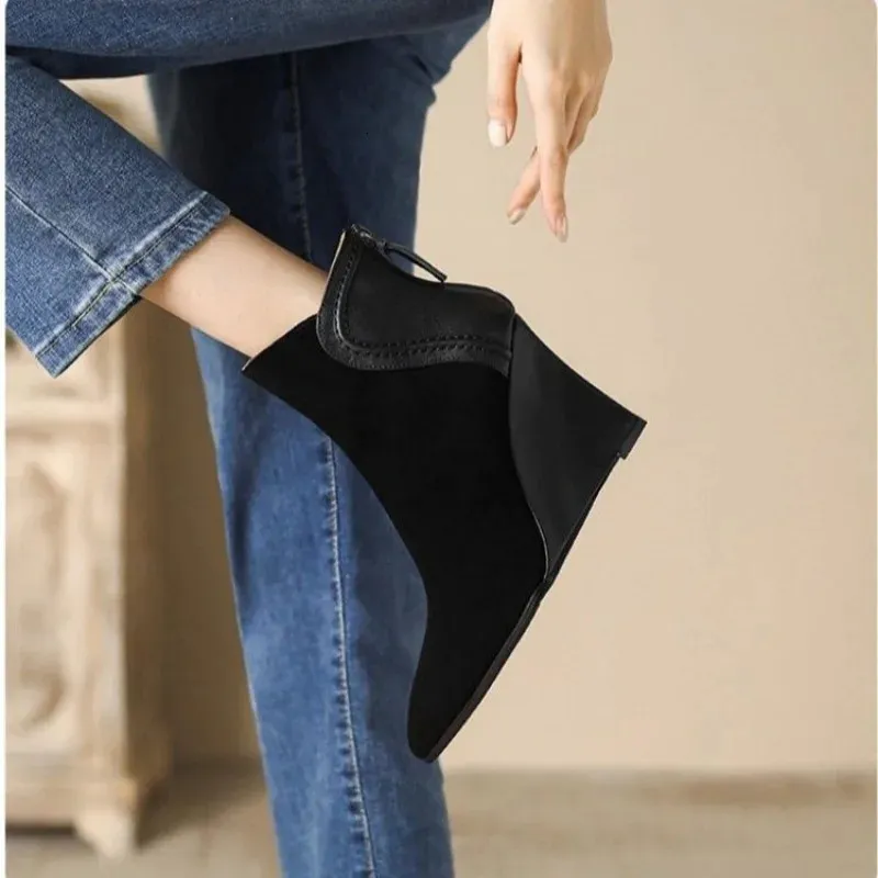 Pointed Toe Suede Wedge Boots With Zipper And Anti Slip Sole_voghion.com