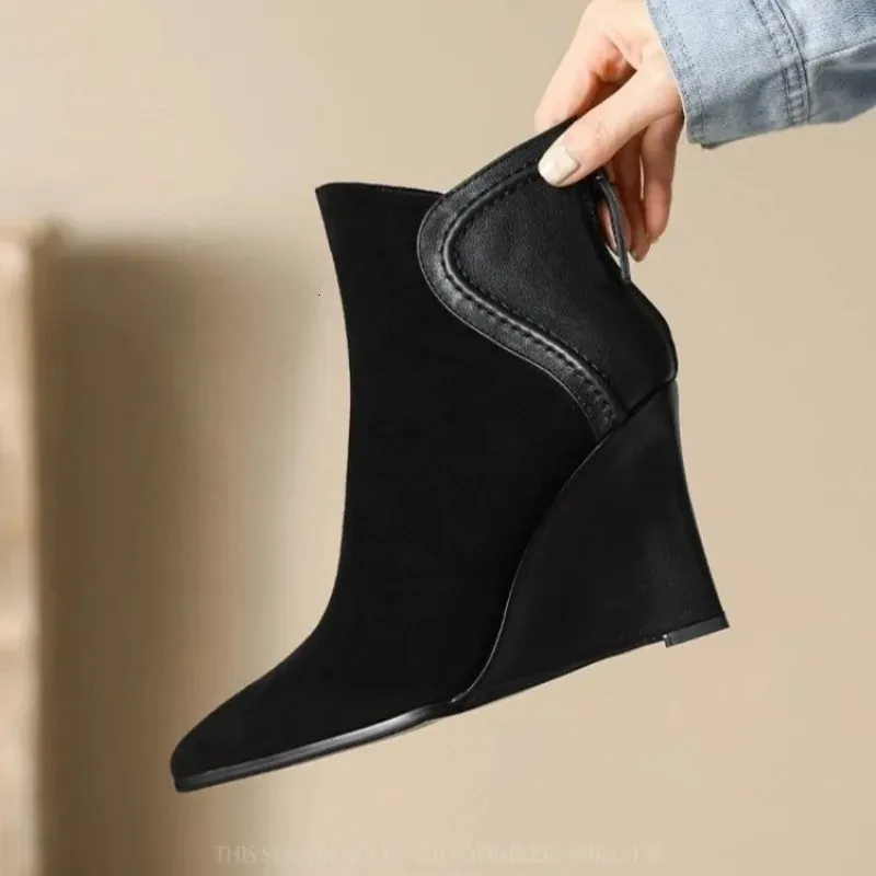 Pointed Toe Suede Wedge Boots With Zipper And Anti Slip Sole_voghion.com