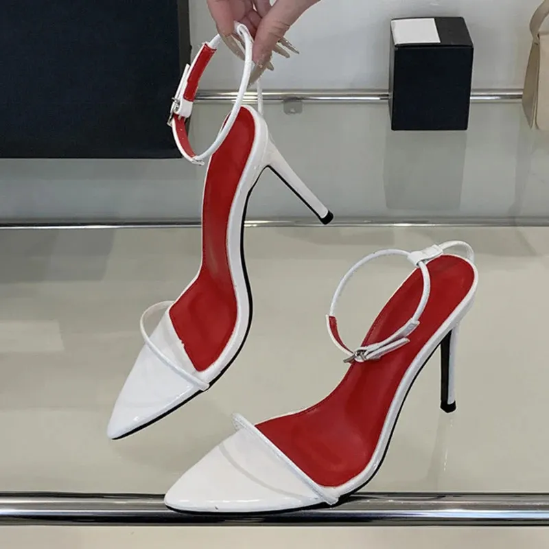 Liyke Summer Fashion White Patent Leather Ankle Strap Sandals Women Sexy Pointed Open Toe Stripper Heels Wedding Prom_voghion.com