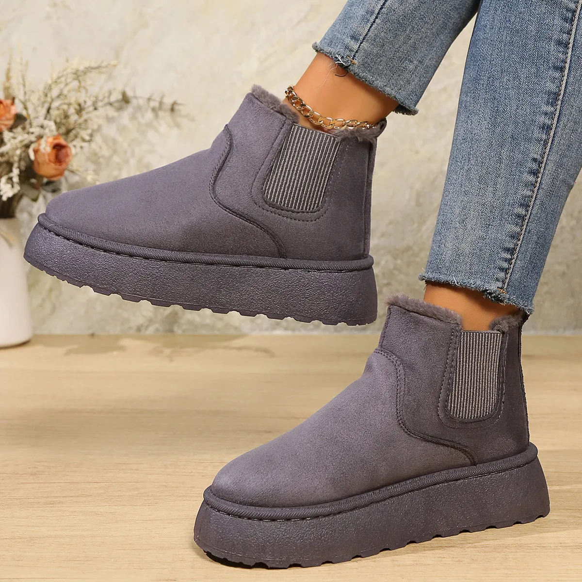 Women's Warm Winter Ankle Boots Flat Slip On Elastic Snow Shoes_voghion.com