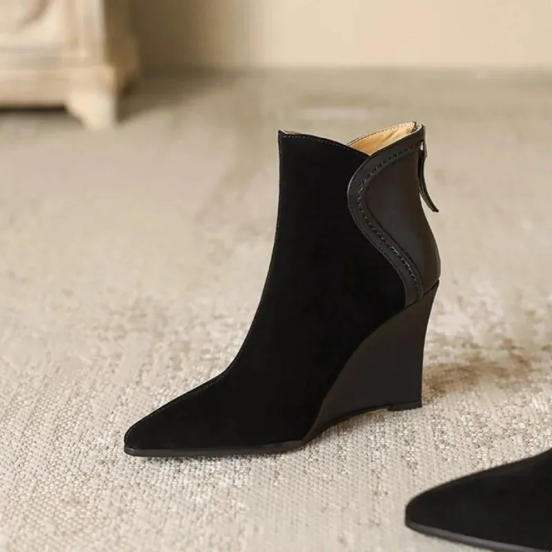 Pointed Toe Suede Wedge Boots With Zipper And Anti Slip Sole_voghion.com