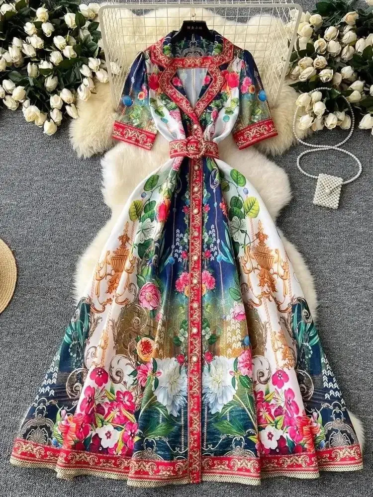 Summer Holiday Short Sleeve Notched Belt A-Line Dress Women Flower Boho Robe Beach Party Vestido Pearls Buttons Up Maxi Clothes 250408