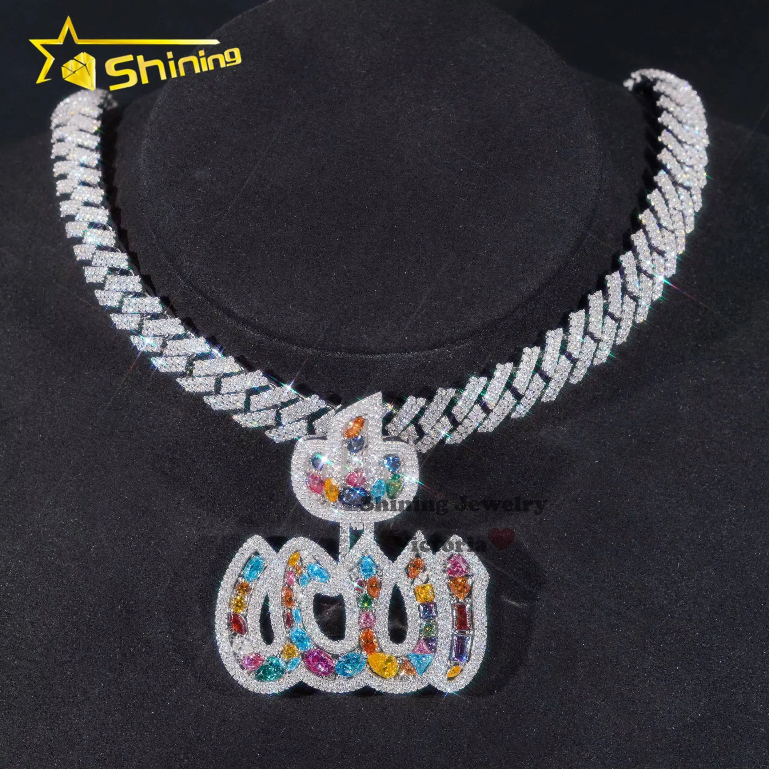 Joias personalizadas cravejadas de diamantes em prata 925, estilo hip hop, com 2 moissanitas VVS e diamantes coloridos, fogo, Alá._voghion.com