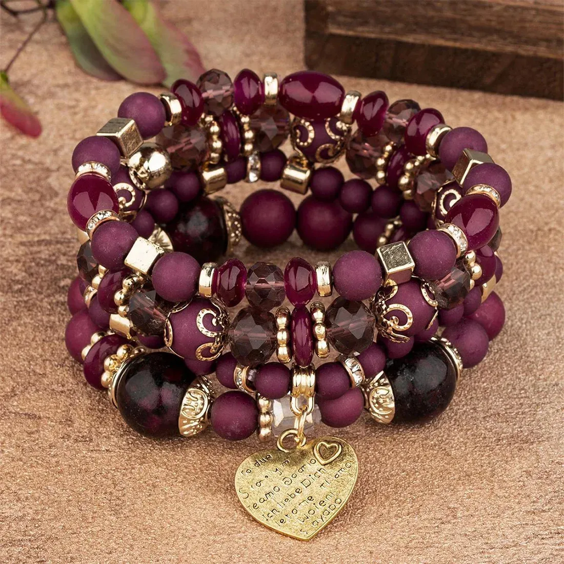 4-teiliges Lebensbaum-Herz-Set Acryl-Glasperlenkette Elastisches Armband für Damen Modeschmuck Partyschmuck 250328_voghion.com