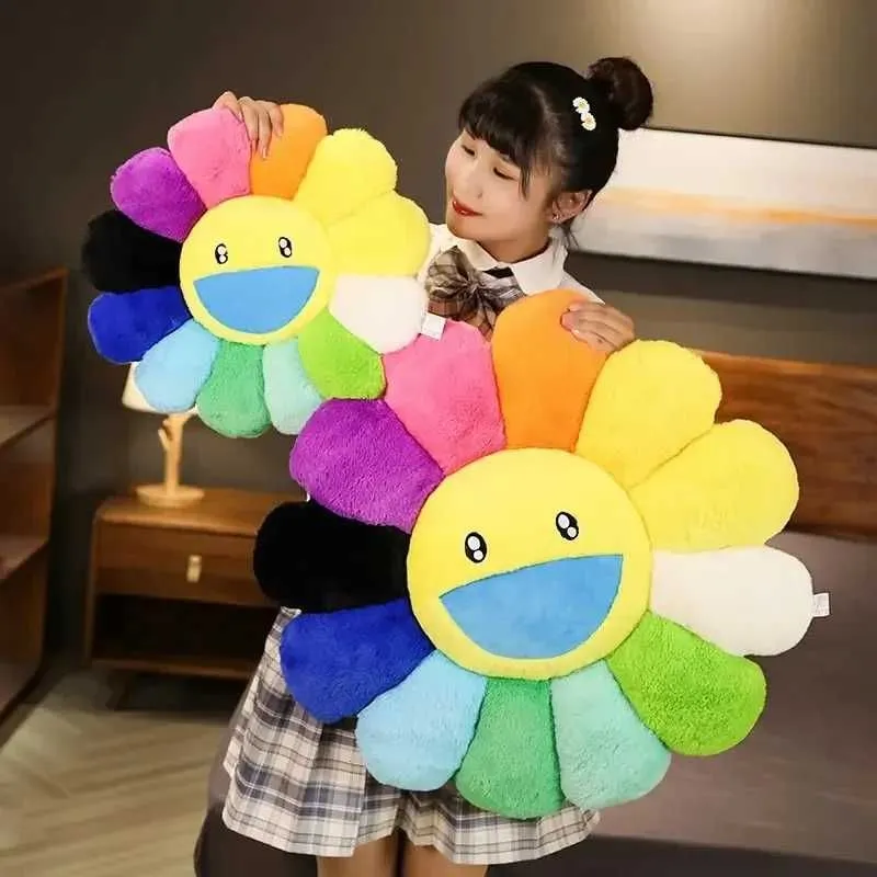 Rainbow Flower Plush Mat Kawaii Smile Flower Pillow Sunflower Filling Pillow Soft Sleep Backrest Sofa Decorative Gift hj1108