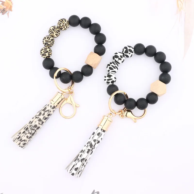 Portachiavi Bracciale Con Perline In Silicone E Legno Per Donna - Regolabile, Elastico, Con Moschettone, Anelli E Ciondolo Con Strass, Pratico E Carino Per Chiavi Auto E Casa