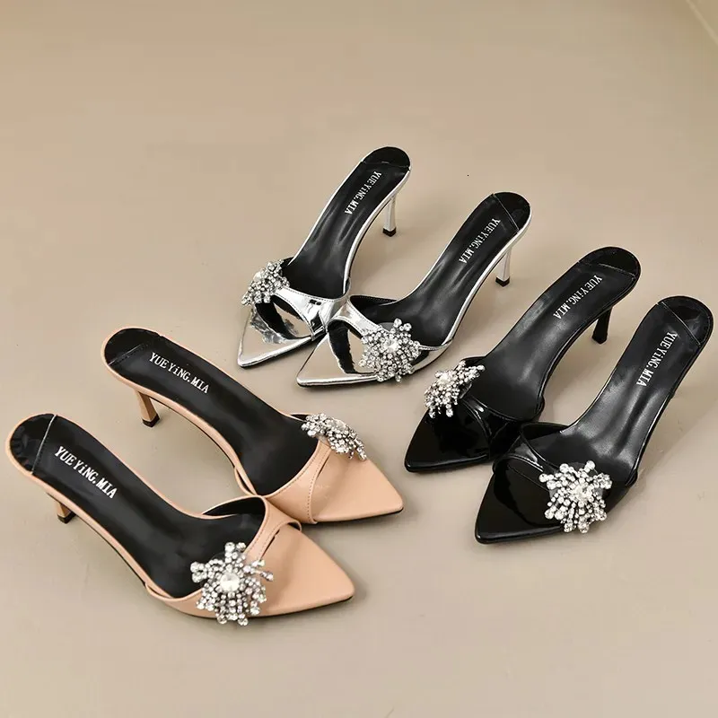 Plus Size 35 42 Black PU Leather Crystal Bowknot Women Slippers Sandals Fashion Goblet Heeled High Heels Mules Slides_voghion.com