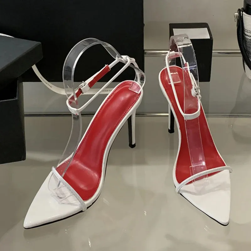 Liyke Summer Fashion White Patent Leather Ankle Strap Sandals Women Sexy Pointed Open Toe Stripper Heels Wedding Prom_voghion.com