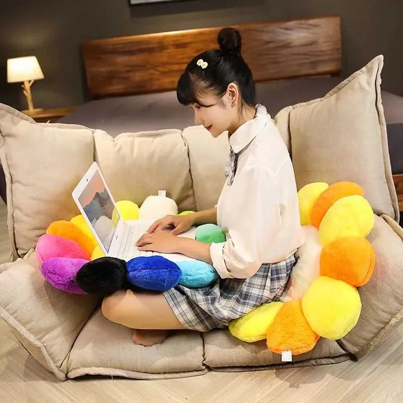 Rainbow Flower Plush Mat Kawaii Smile Flower Pillow Sunflower Filling Pillow Soft Sleep Backrest Sofa Decorative Gift hj1108