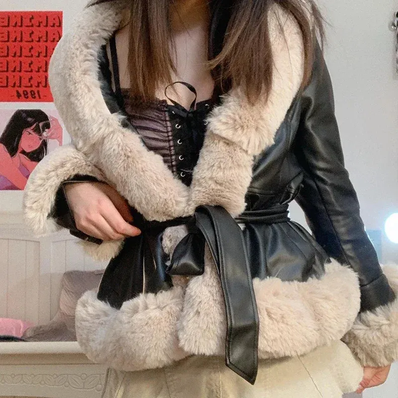Y2K Women's Faux Leather Coat with Plush Fur Lining, Hood, Belt