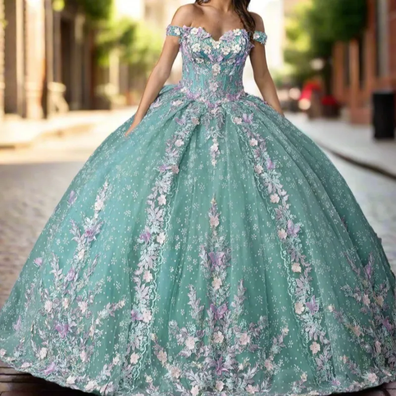 Luxury Green Princess Quinceanera Dresses Off Shoulder 3D Flowers Appliques Ball Gown Y4147