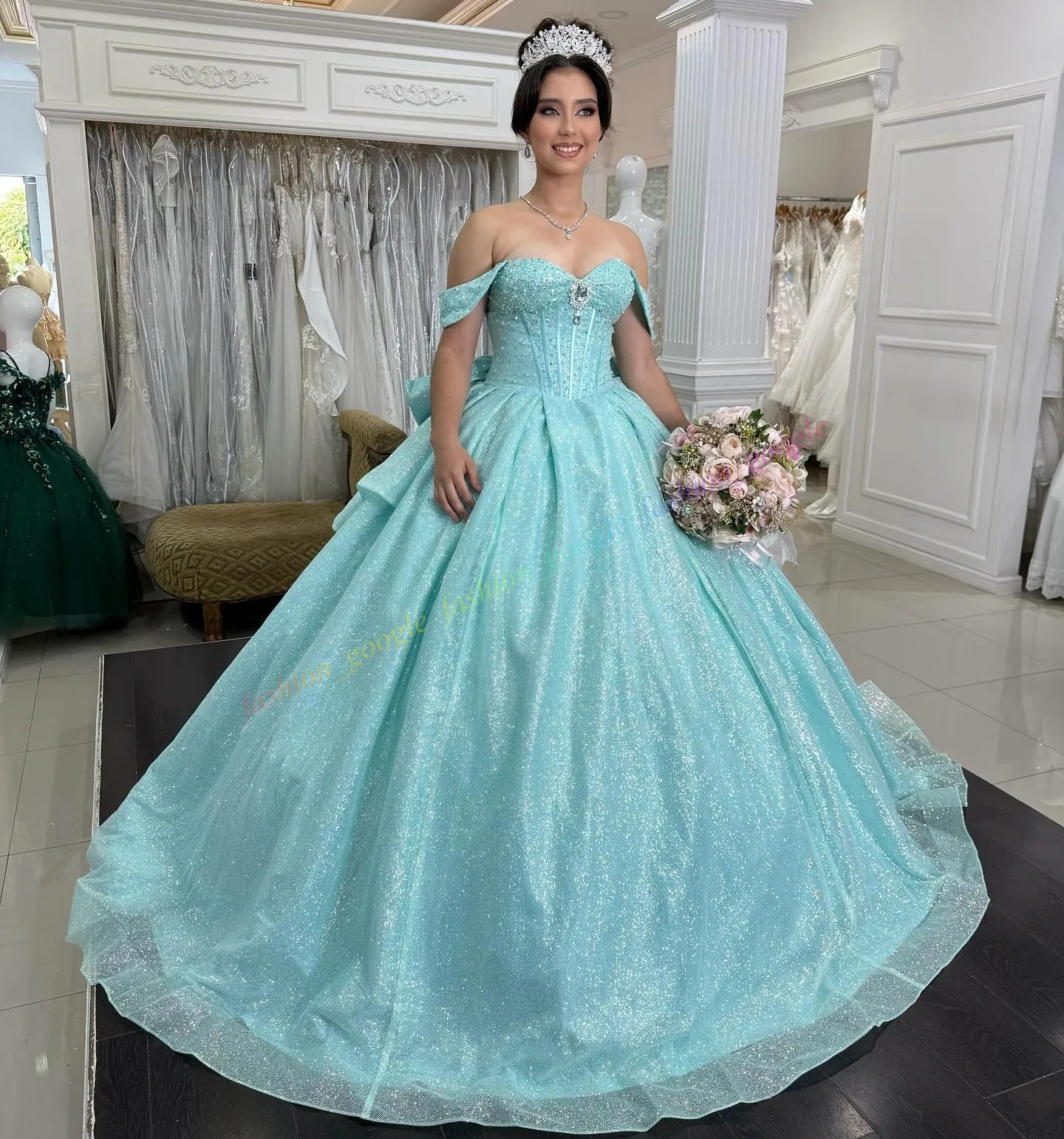 Glitter Tulle Prom Dress Sheer Corset Quinceanera... From Fashion_google,  $287.03