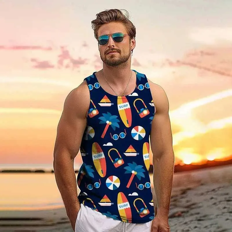Print Mens Funky Vests Cotton Printed Mens Designer Tank Tops