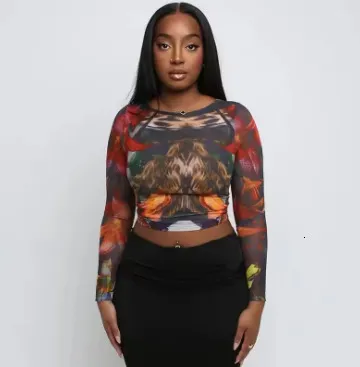 Bespaar veel op bulk Mesh Shirt Vrouwen Met Lange Mouwen Vintage Print T  Shirt Zwart Mesh Shirt Dames Crop Top Met Lange Mouwen Grafische Tees, Sexy 