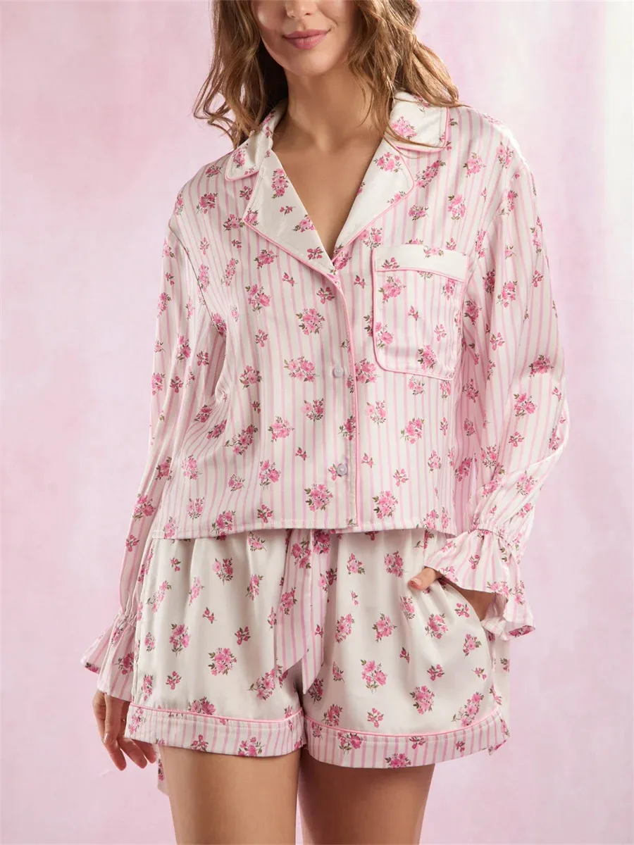 deng04 Boho Floral Print 2-Piece Pajama Set for Women, image size:900x1200