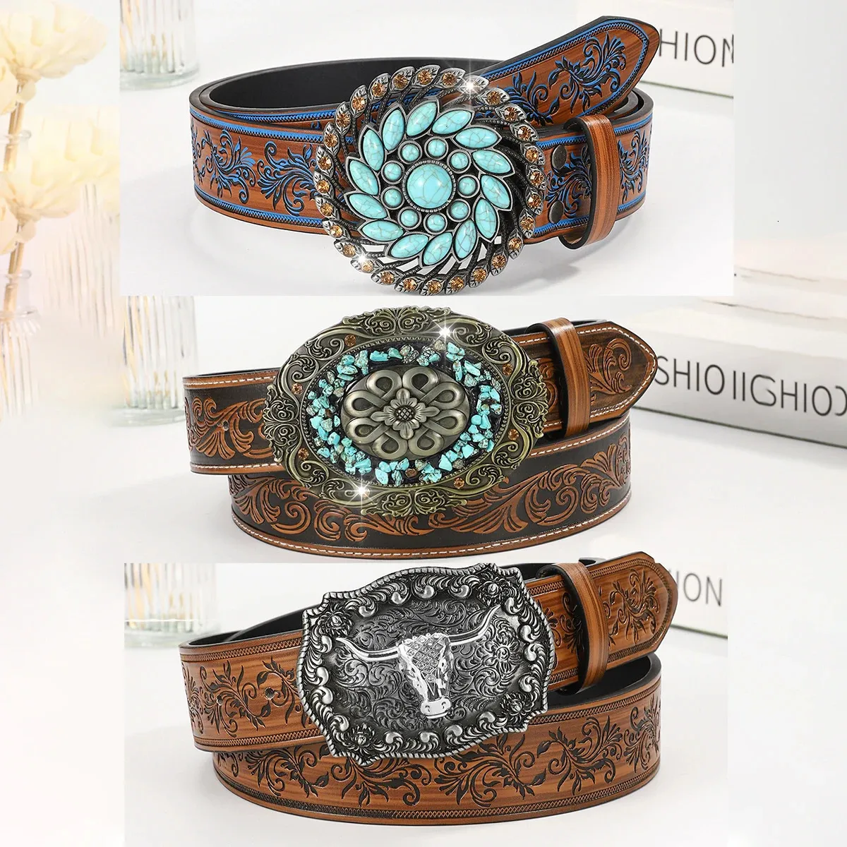 Western Turquoise Belt Embossed PU Leather Cowgirl Belt Ariat Women main image 3