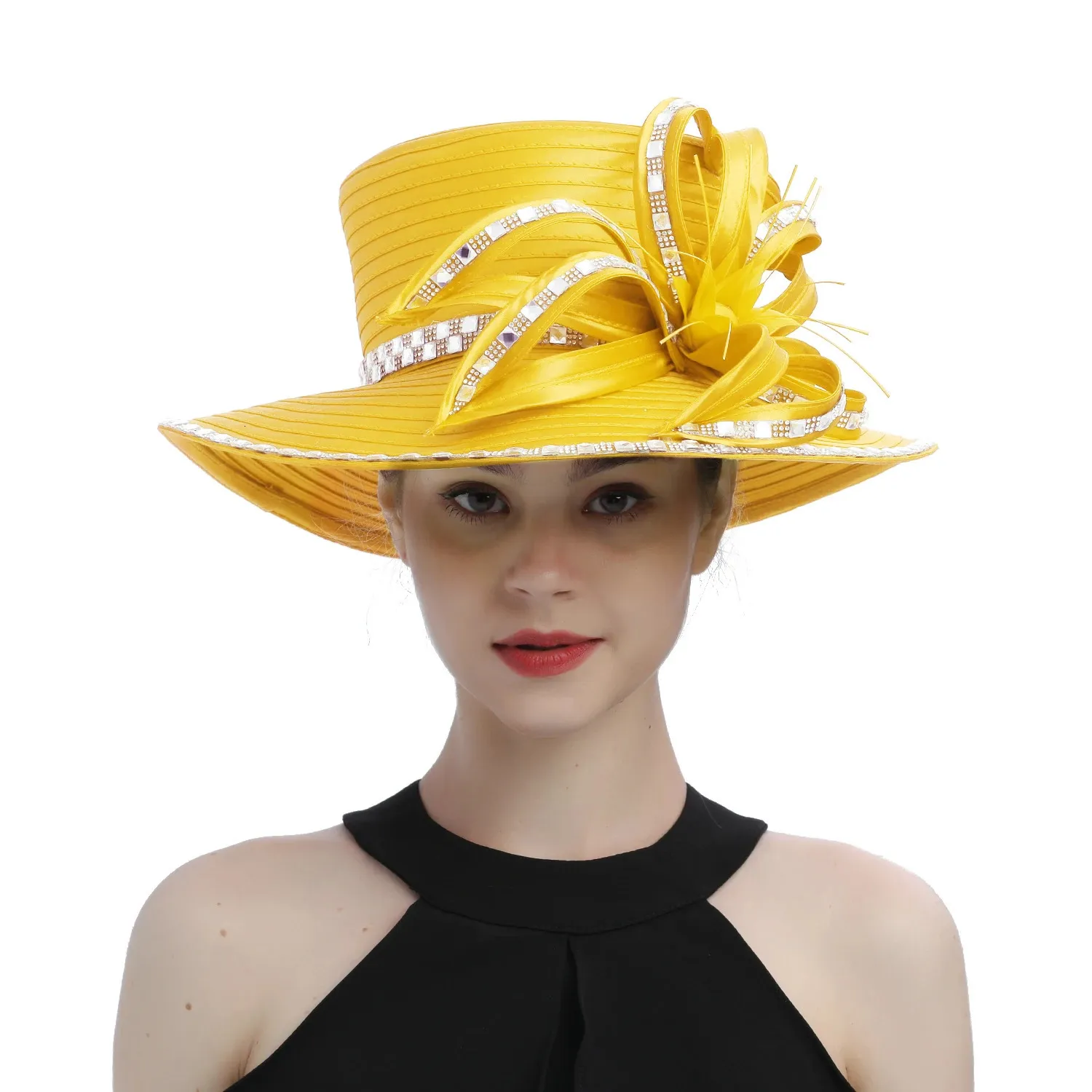 Yellow Fashion Satin Fabric Church Hat Y Elegant Pography  display picture 2