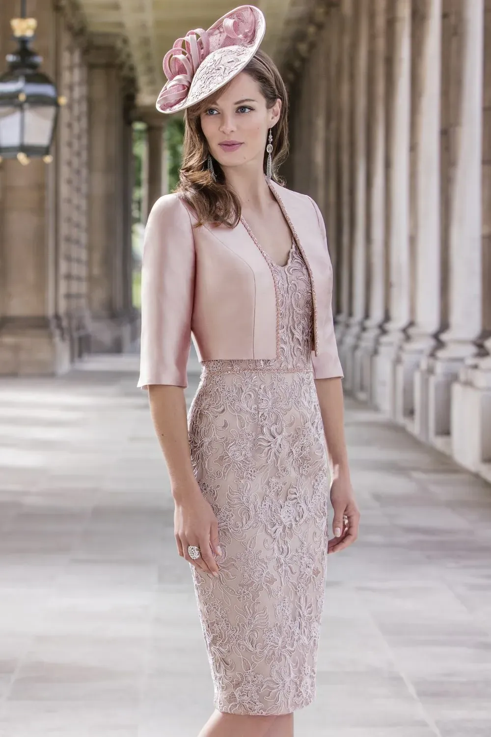 pink sheath dress with jacket 2 Pieces Sheath/Column Square Collar Stretch Satin Mother of the Bride Dresses with Jacket 3/4 Sleeves Tea-Length, Pink