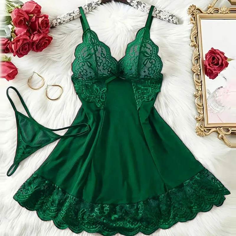 lace sexy night dress Womens Short Silk Nightgown V Neck Silk Lace Slip Dress Black / S