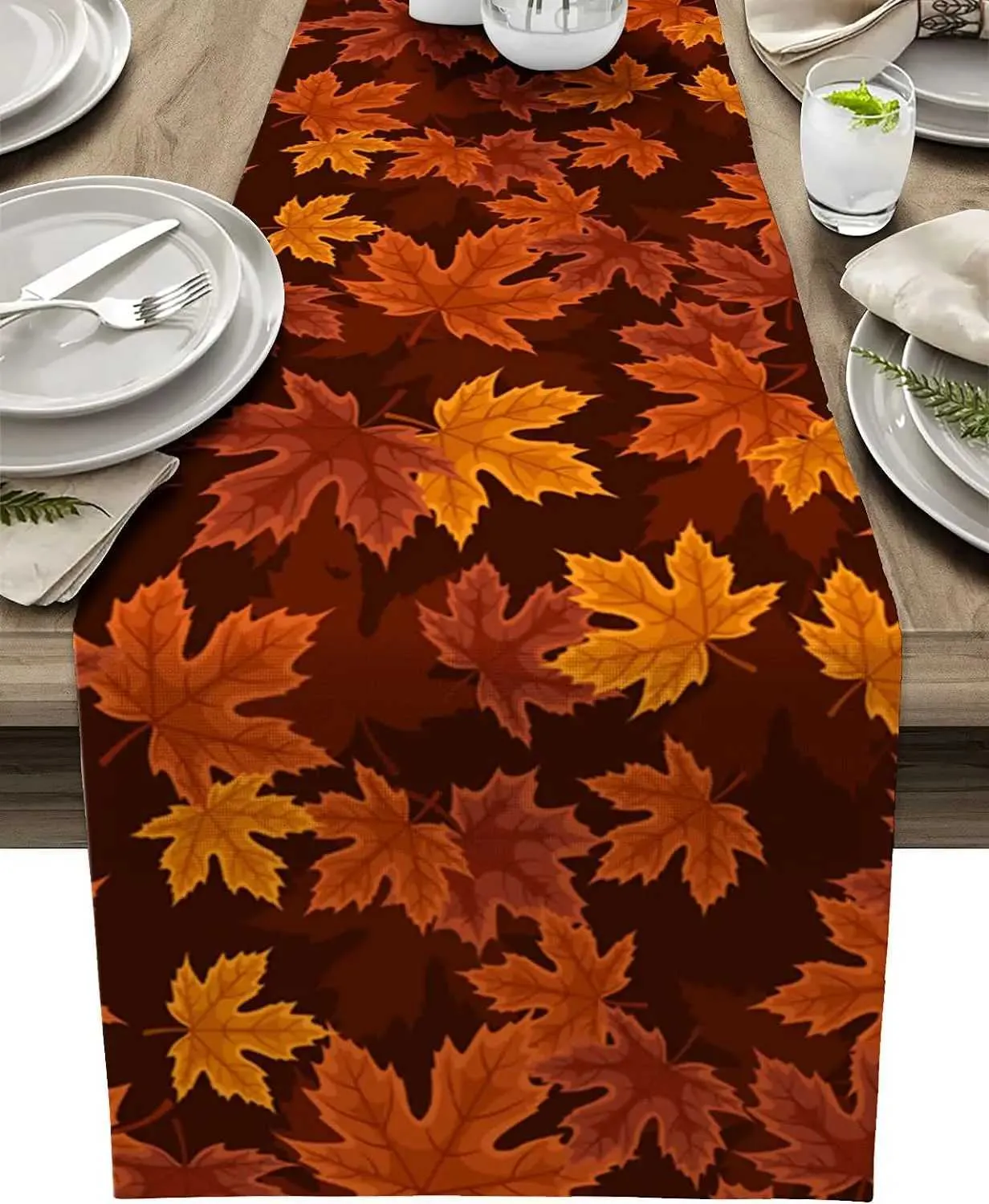 Fall Thanksgiving Maple Leaf Linen Table Runner with Beaded Pumpkin ...