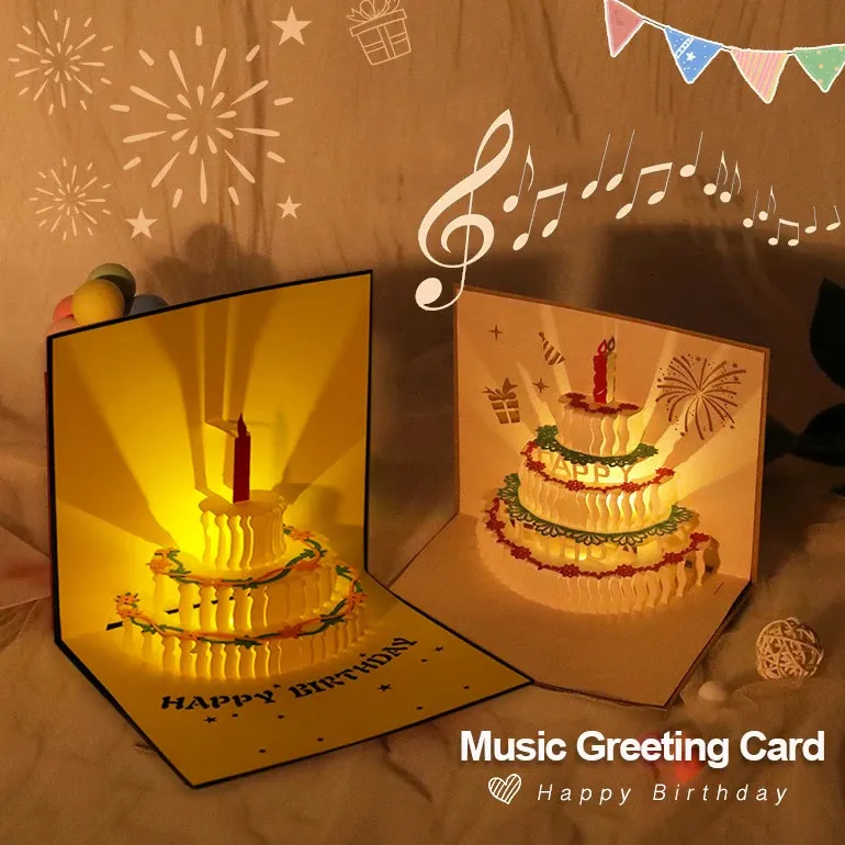 3D Light Music Birthday Card Pop Up Cake Creative Greeting Card Happy ...