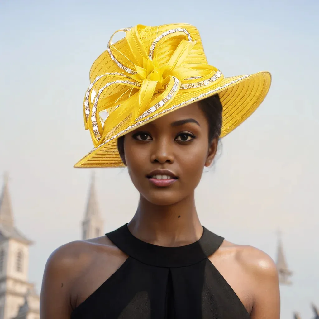 Elegant Yellow and White Women\'s church Hat.. Motf Premium Couture Designer White Yellow Big Flower Hat  main image 3