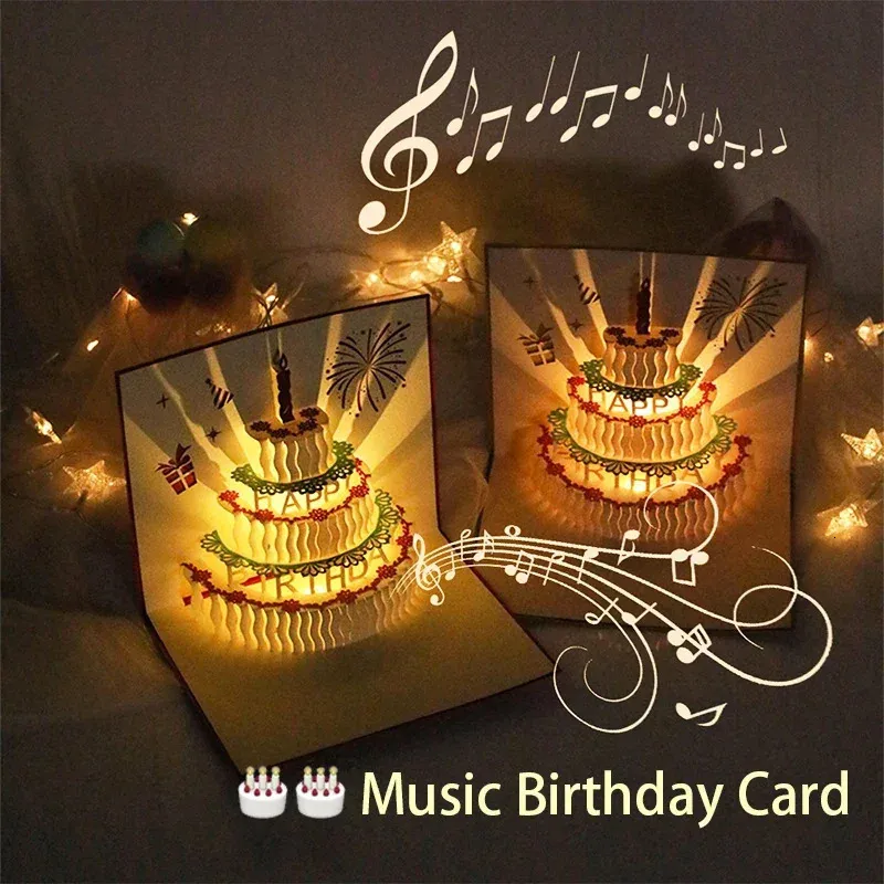 3D Light Music Birthday Card Pop Up Cake Creative Greeting Card Happy ...