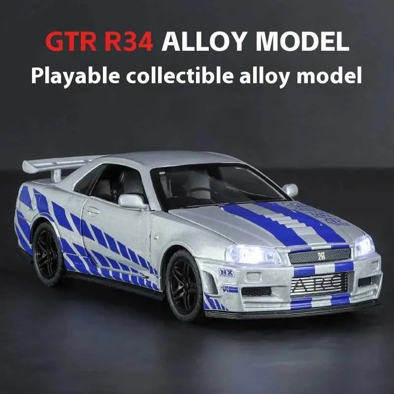 132 Scale GTR R34 Alloy Car Model With Illuminated Wheels And Engine ...