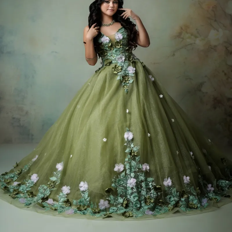 olive green 15 dress Olive Green Shiny Quinceanera Dresses Off The Shoulder Applique Flower Tull Party Birthday Sweet 16 Dress Vestidos 15 de Anos