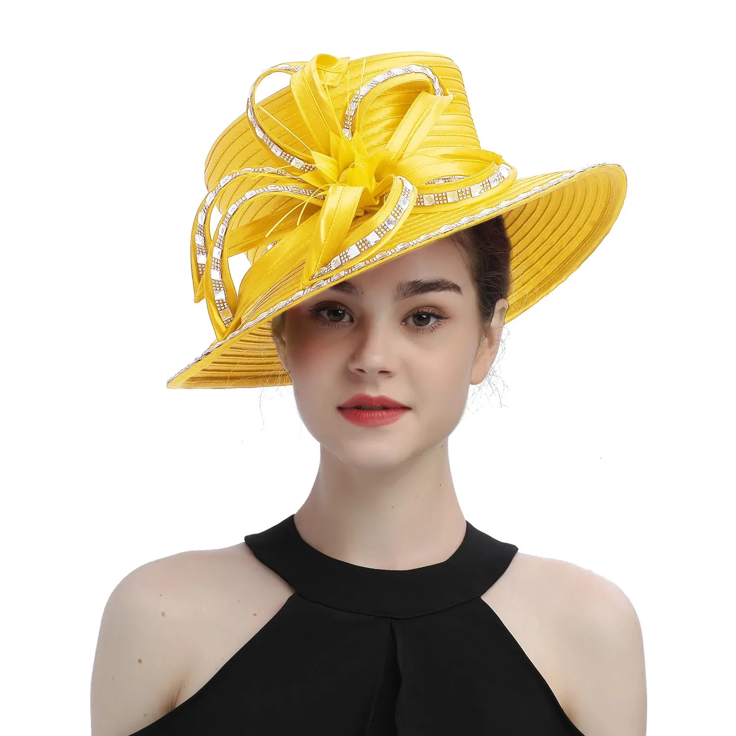 Yellow Fashion Satin Fabric Church Hat Y Elegant Pography  display picture 1