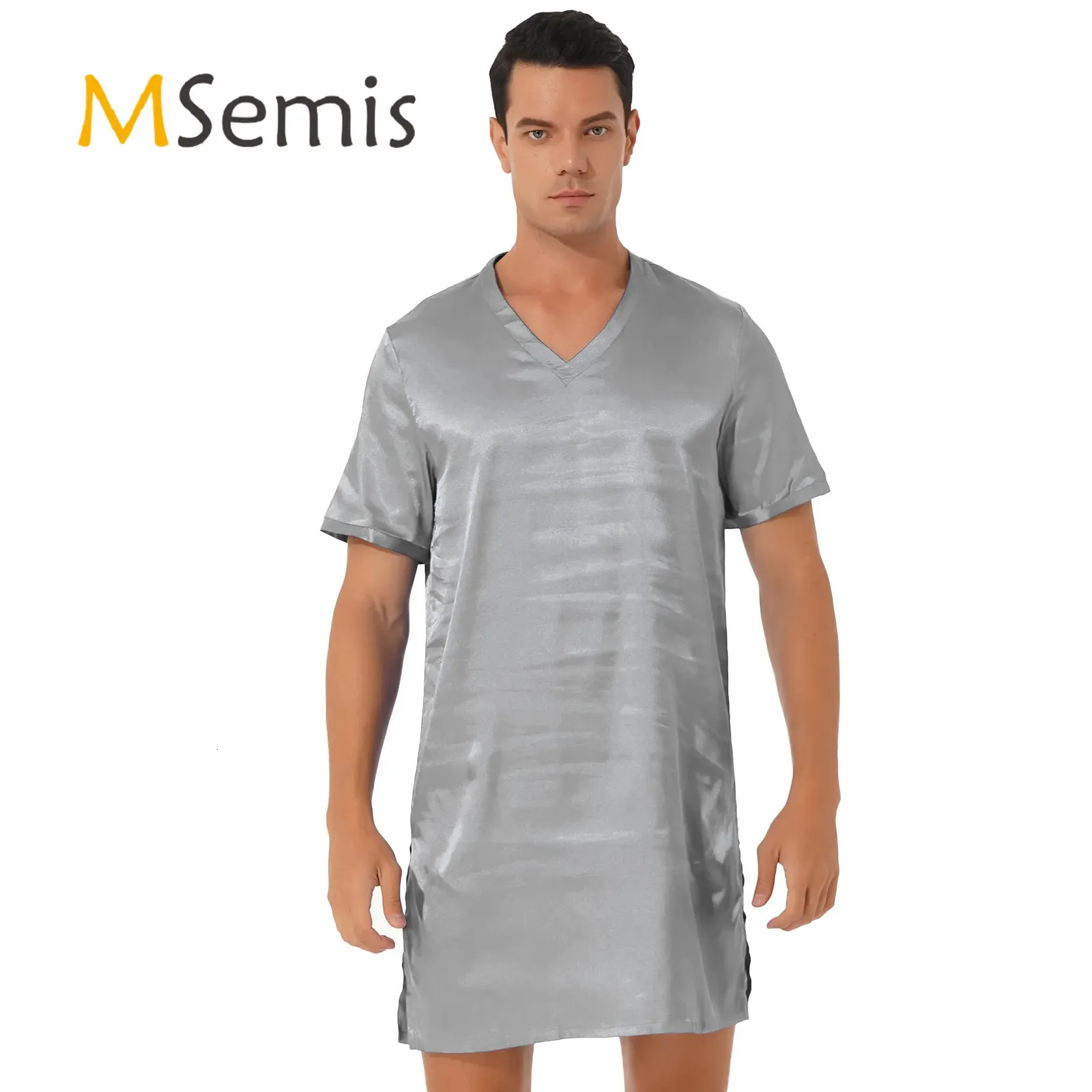 Mens Womens Satin Nightgown V Neck Short Sleeve Sleepwear
