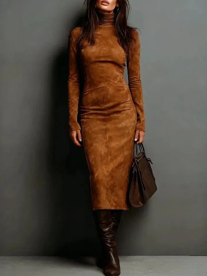 long sleeve suede dress Flare Boho Command attention in the artful black faux suede knot detail long sleeve maxi dress Jluxlabel Women's Toffee Haze Suede