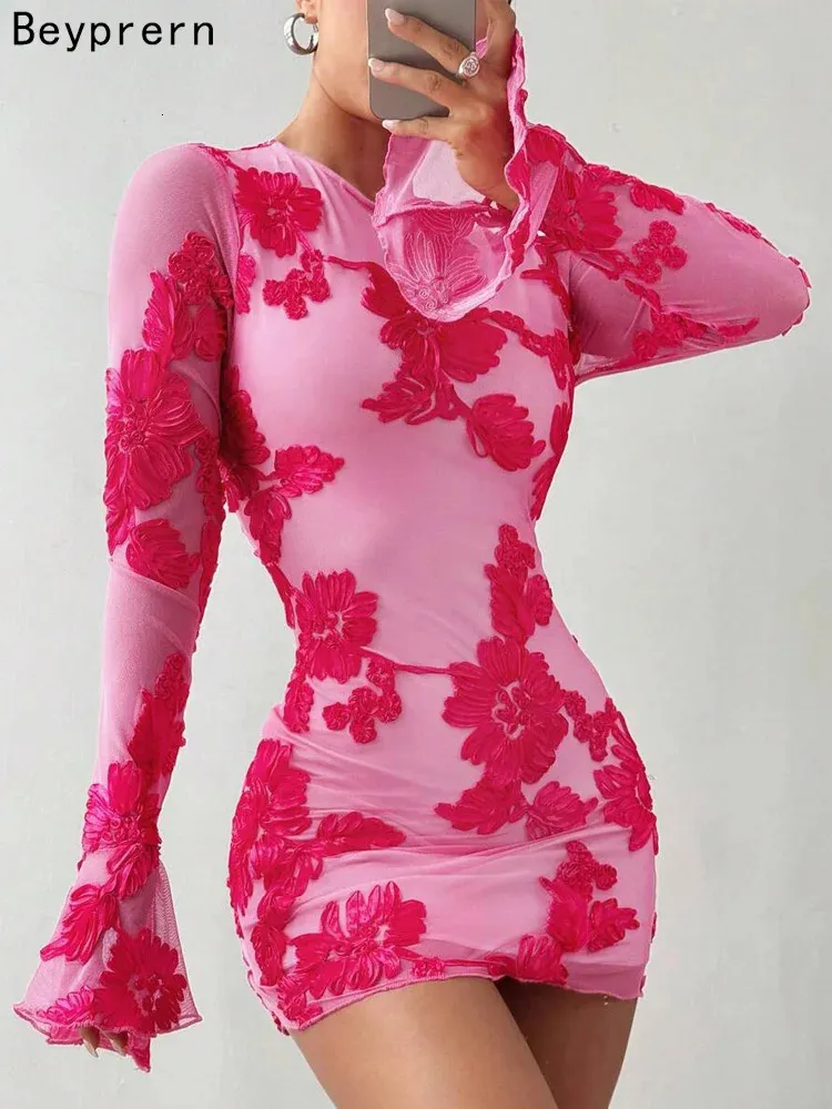 Beyprern Rose Pink Floral Mesh Backless Dress Embroidered Long Sleeve Party  Dress For Women Elegant Birthday Outfit From Wai01, $19.6 In Bulk |  DHgate.Com