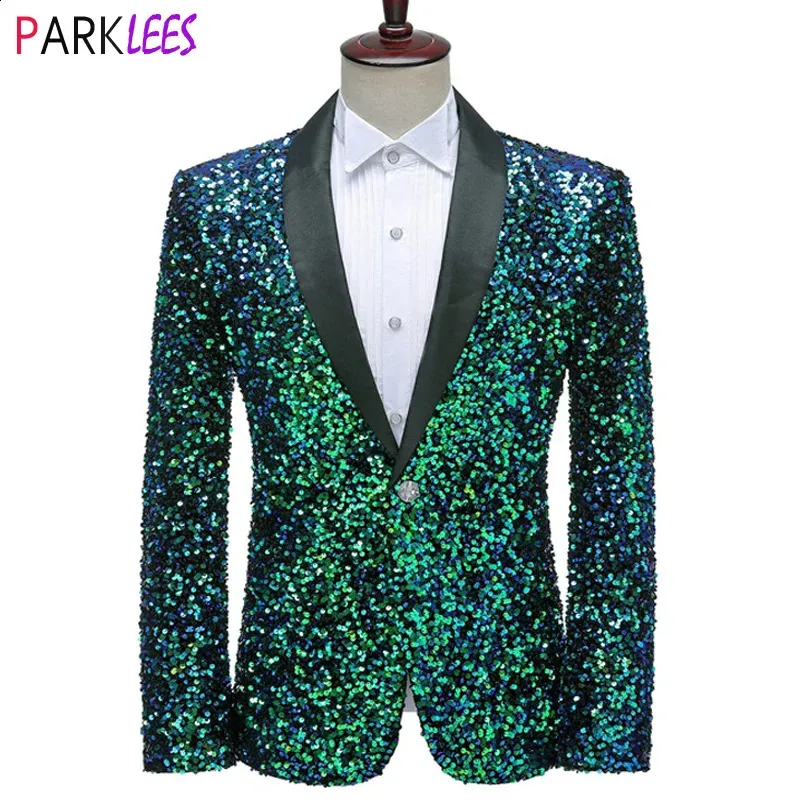 Mens Sequin Blazer: Green Shawl Collar Tuxedo Suit Jacket, One