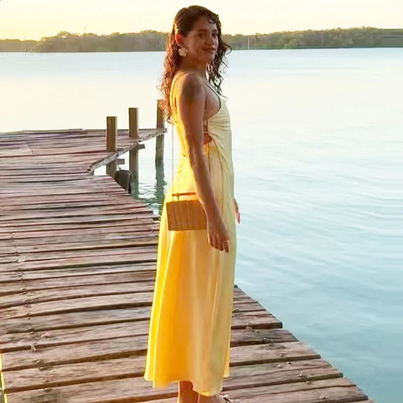 Yellow Satin Backless V-Neck Midi Dress for Women - Elegant Summer sleeveless party Dress with Holiday Strap (2025)