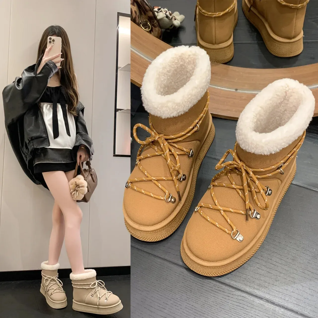 Warme, fleecegefütterte, kurze Schneestiefel für Damen, dickes Leder, runde Zehenpartie, bequemes Leder, lebendige Farbe, Gummi_voghion.com
