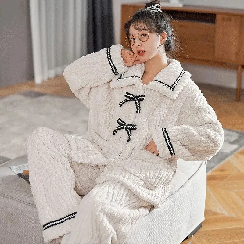 Set Womens Acrylic Knit Pajamas Autumn Winter Padded Thickened Warm ...
