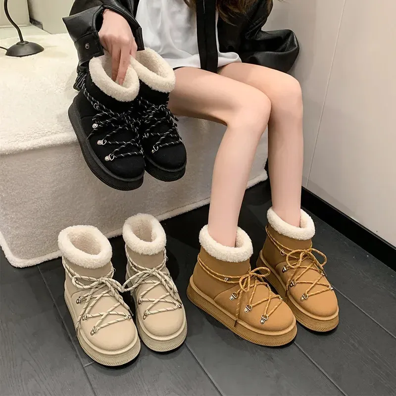Warme, fleecegefütterte, kurze Schneestiefel für Damen, dickes Leder, runde Zehenpartie, bequemes Leder, lebendige Farbe, Gummi_voghion.com