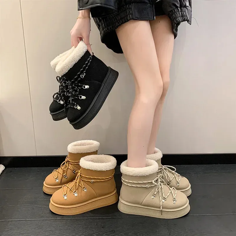 Warme, fleecegefütterte, kurze Schneestiefel für Damen, dickes Leder, runde Zehenpartie, bequemes Leder, lebendige Farbe, Gummi_voghion.com