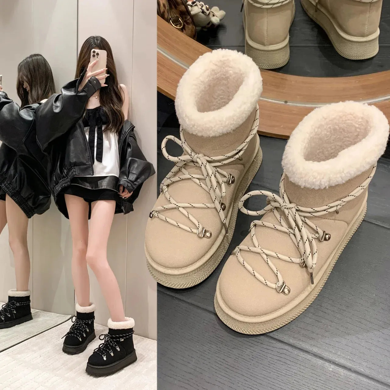 Warme, fleecegefütterte, kurze Schneestiefel für Damen, dickes Leder, runde Zehenpartie, bequemes Leder, lebendige Farbe, Gummi_voghion.com