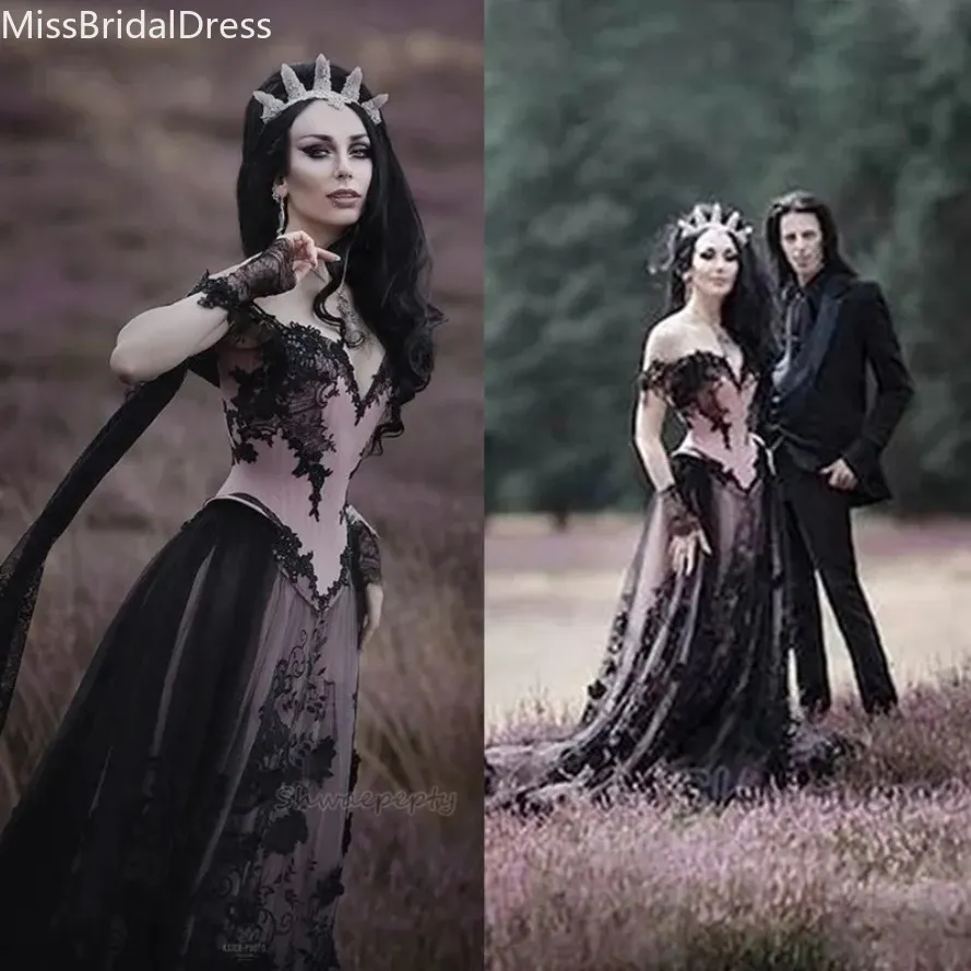 gothic pink and black wedding dress Retro Black / Pink Wedding Dress Gothic Lace Corset Fairytale Boho Bridal Dress