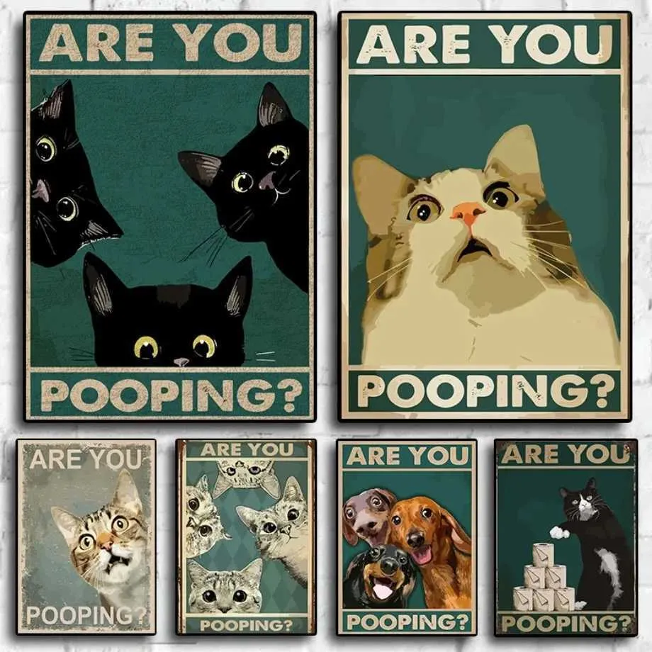 Vintage Toilet Sign Canvas Painting Funny Cat Dog Bathroom Wall Art ...